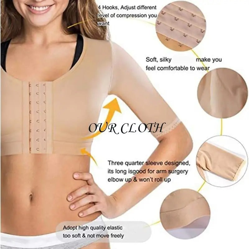 Close-up details of the compression vest hooks, soft fabric and three-quarter sleeves