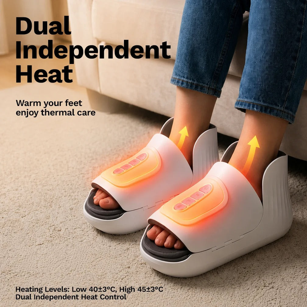 Feet resting in the heated cordless foot massagers in front of a sofa