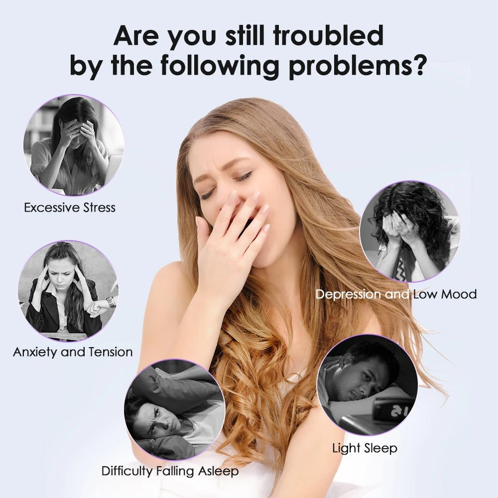 Tired woman yawning surrounded by images of stress and trouble falling asleep