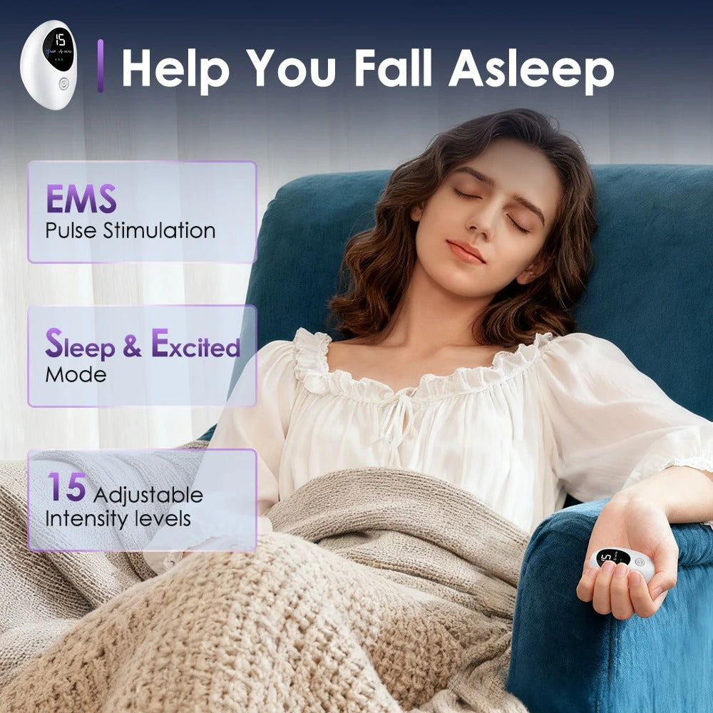 Woman relaxing in an armchair holding the palm sleep aid device