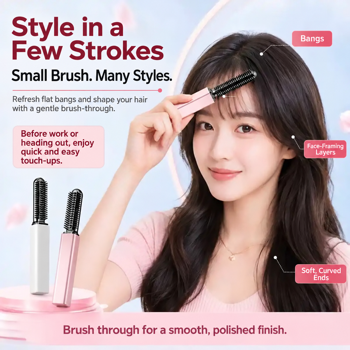 Woman refreshing her bangs with the cordless mini styling brush